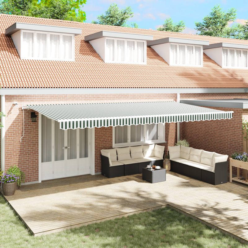 Retractable Awning, 600 cm W x 350 cm D, Green/White Striped