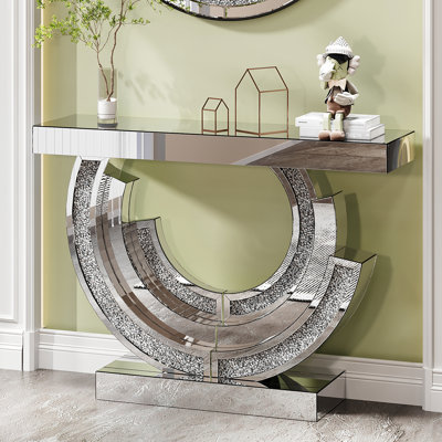 Table de couloir 3c en forme de diamant concassé pour chambre à coucher, design argenté moderne, miroirs polis à la main, table de base d'apparence 3D, hôtel artisanal et miroirs avec surface brillante,