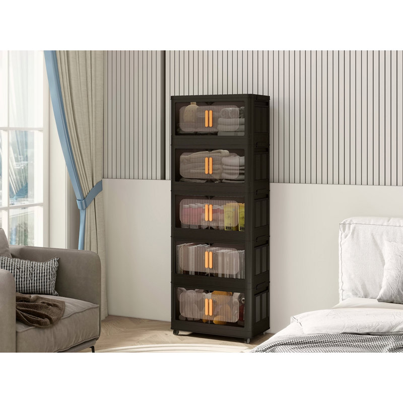 Armoire de rangement pliante latérale 24 po, 5 niveaux, 23,62 po x 13,78 po x 59,84 po, bacs de rangement pliables avec porte magnétique, armoire de rangement en plastique avec roues