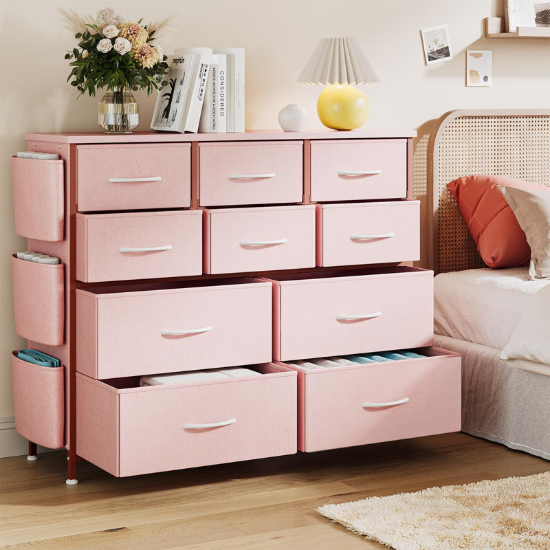 Fabric 10 Drawer Dresser with Metal Frame, Storage Organizer with Side Pockets & Hooks, Pink
