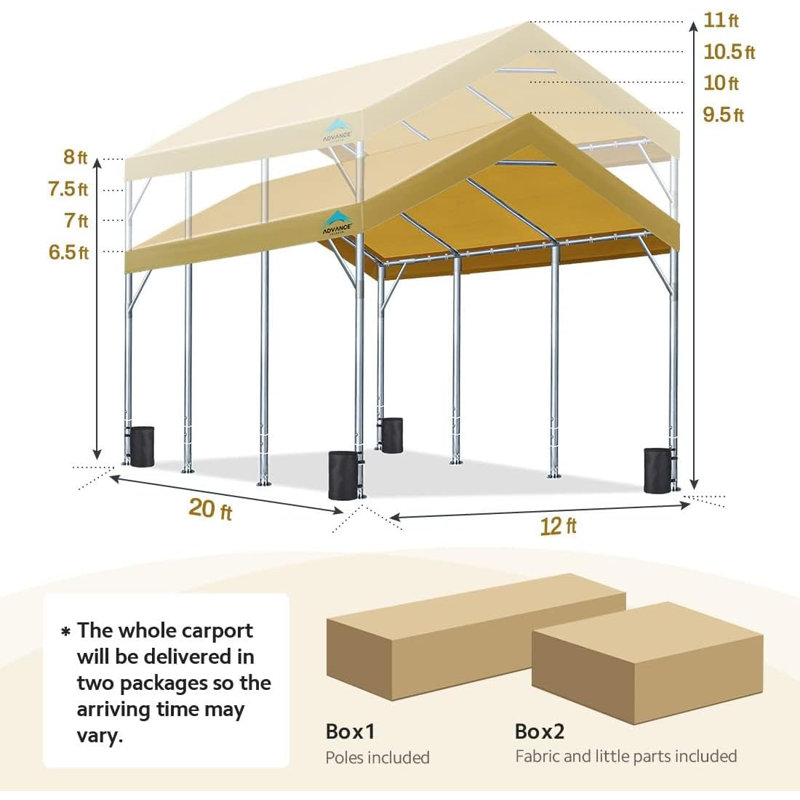 ADVANCE OUTDOOR 12x20 ft Carport with Adjustable Height from 9.5 ft to 11 ft, Heavy Duty Car Canopy, 8 Legs with 8 Reinforced Poles and 4 Sandbags, Beige