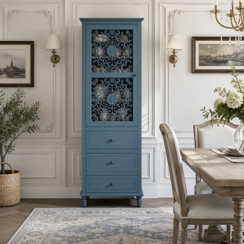 Armoire de rangement de style campagnard de 63 pouces avec porte sculptée, Bleu antique