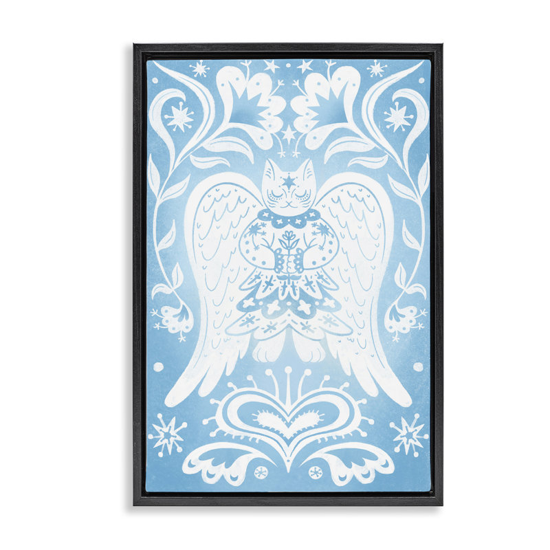 Cadre flottant symétrique avec motif de chat ange, design par Hannah Moren, H 31 po x l 21 po, Cadre flottant noir de jais
