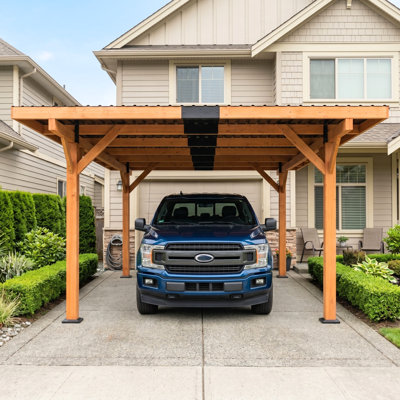 18.3 x 12.6 x 7.8 FT Heavy Duty Wooden Carport - Steel Slanted Hardtop Roof Gazebo, Multi-Functional Utility Outdoor Vehicle & Storage Shelter