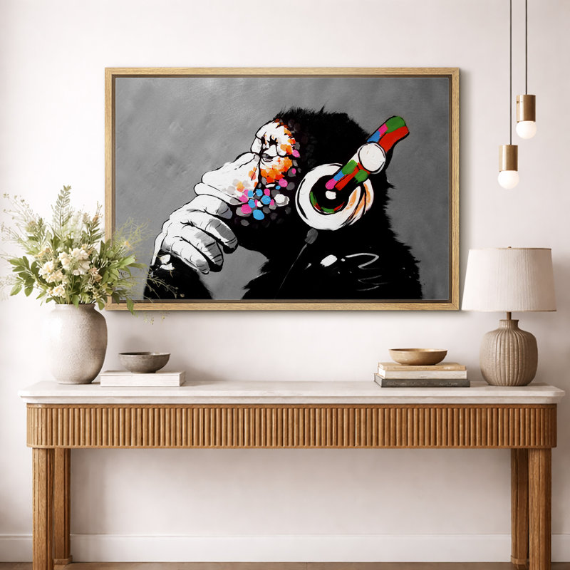 Pop Urban Street "Banksy Thinge Monkey With Head écouters, Reproduction avec cadre flottant, H 24 po x l 36 po, Naturel
