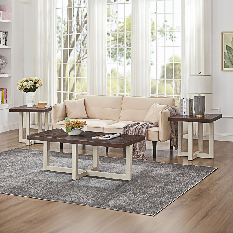 Ensemble de 3 tables basses, Noyer / Blanc