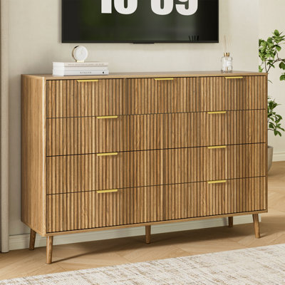 Commode double cannelée à 9 tiroirs de 55,1 po de largeur pour chambre à coucher, commode moderne avec tiroirs profonds, conception à profil courbé, rangement de tiroir en bois pour le salon, le couloir, la chambre de bébé, le placard de couloir