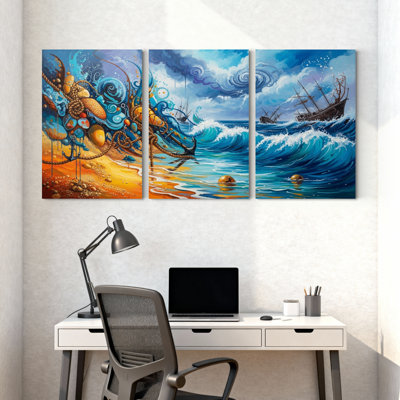 Nautique et plage, océan, vagues, bateau, pieuvre, plage, ciel, eau, réflexion, ensemble de 3 impressions sur toile