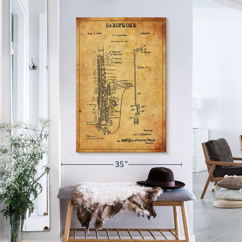 Brevet de saxophone sur toile, H 39 po x l 26 po x P 1,25 po