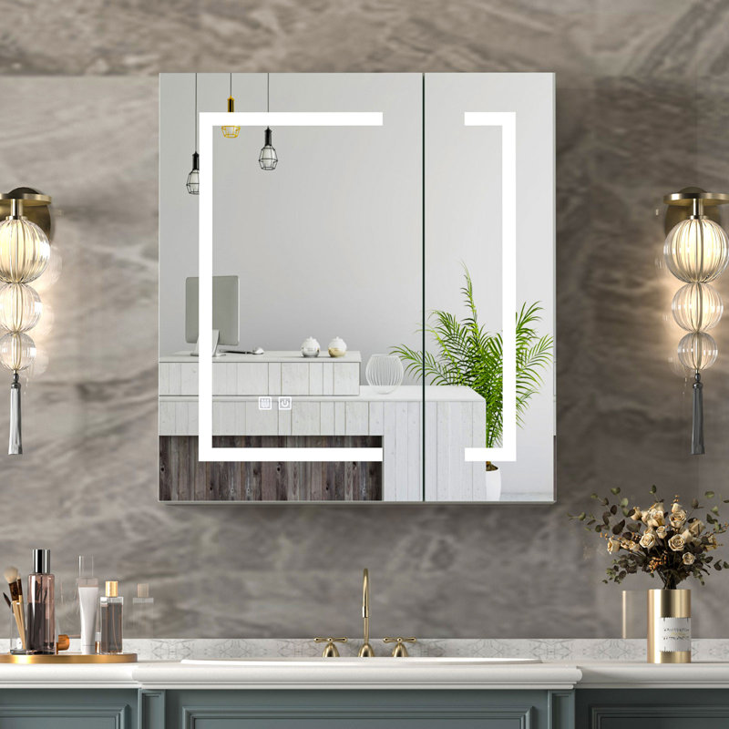 Ayyash 2 Door LED Bathroom Mirror,60 Wx 65 H cm Cabinet with 5 Shelves
