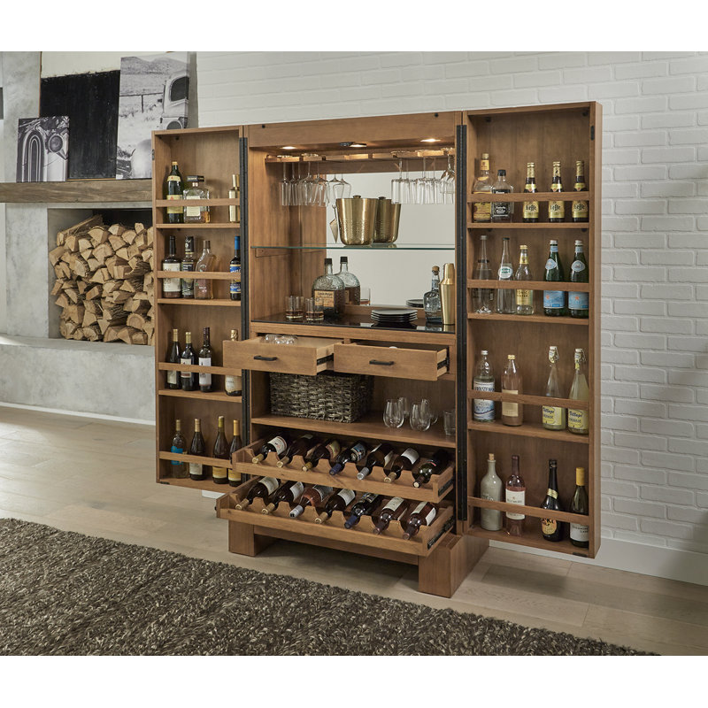 American Heritage Alta Wine & Spirit Cabinet - Brushed Walnut Finish with Glass Racks, Locking Storage & Ample Drawer Space