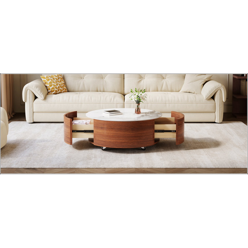 Table basse ronde moderne mobile avec roulettes, 2 tiroirs et plateau en marbre fritté durable, White / Walnut