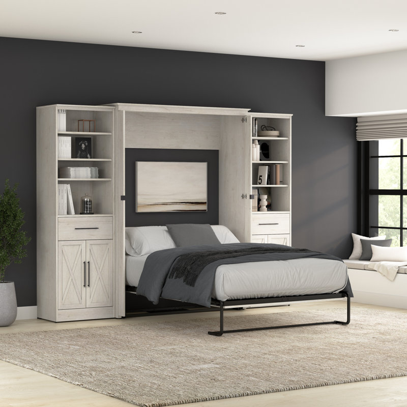 Murphy Bed And Closet Organizers With Doors And Drawers, Linen White Oak, Full