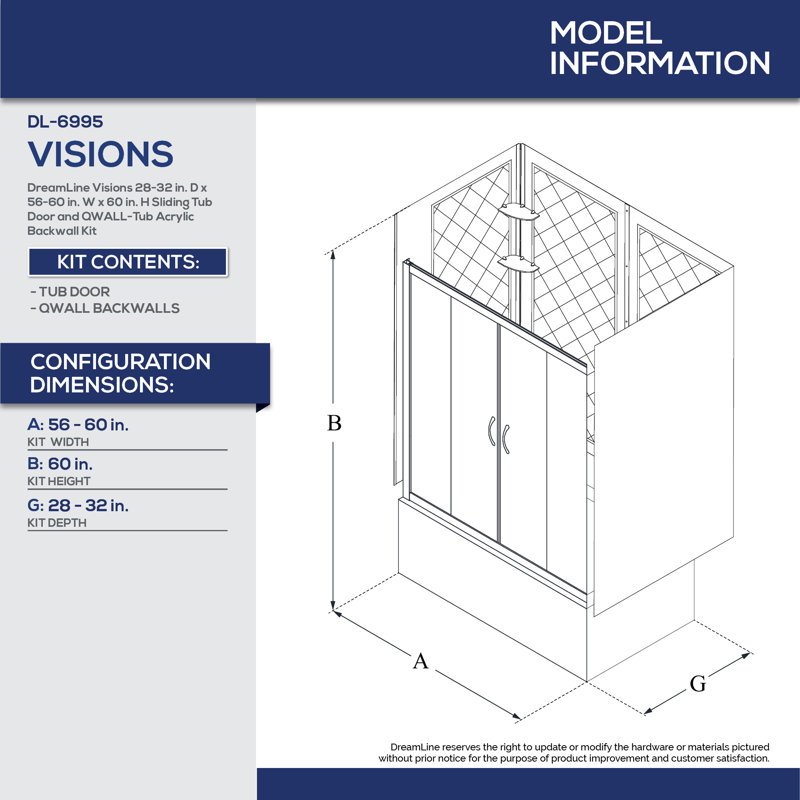 Visions 28" W x 60" H Semi-Frameless Rectangle Sliding Tub Enclosure, Brushed Nickel
