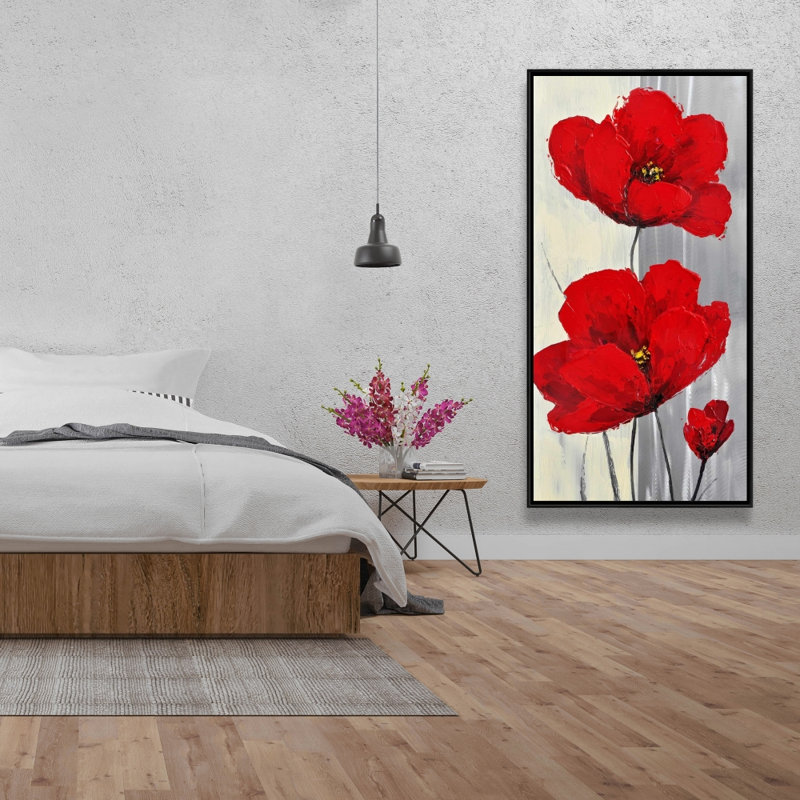 Red flowers on a gray background - 24"x48" Framed canvas