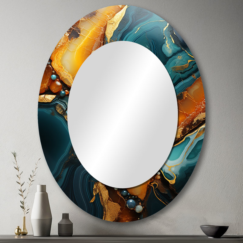 Or et vert topaze agate granit V - miroir mural ovale moderne doré, H 43 po x l 33 po