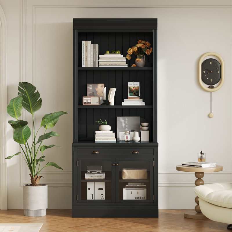 Bibliothèque de 83,4 po de hauteur, bibliothèque moderne avec 2 portes en verre et 1 tiroir, bibliothèque de rangement avec tablettes ouvertes pour le salon, le bureau personnel, noir