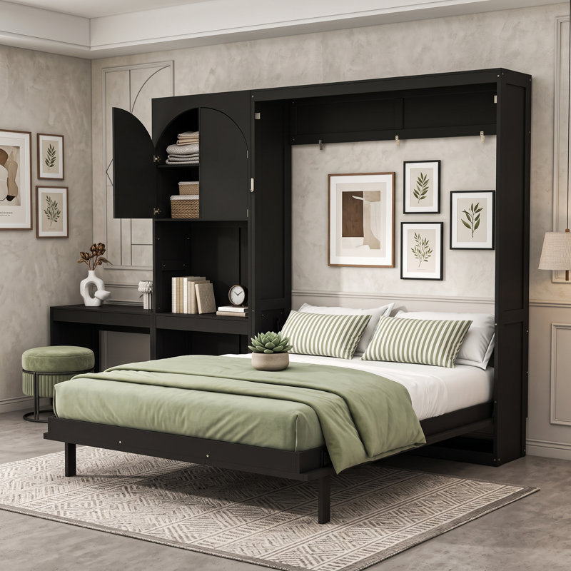 Grand lit escamotable avec bureau intégré, armoire de rangement, DEL, tiroirs et tablettes ouvertes, Black