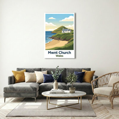 Mwnt Church, Wales - Historic Coastal Chapel Travel Poster, Sea And Cliffs. Giclee Print On Wrapped Canvas. Wall Art, Home Decor - Religious & Cultural Sites, Wales - Wrapped Canvas Print