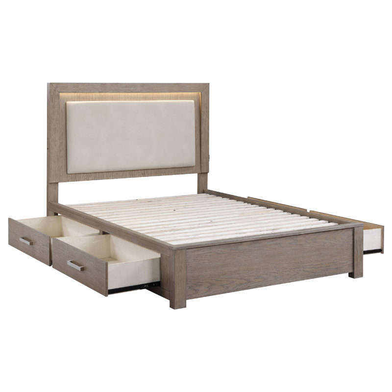Ensemble de chambre à coucher grand 5 pièces Keno, rangement sous le lit, DEL, revêtement beige, Grand lit