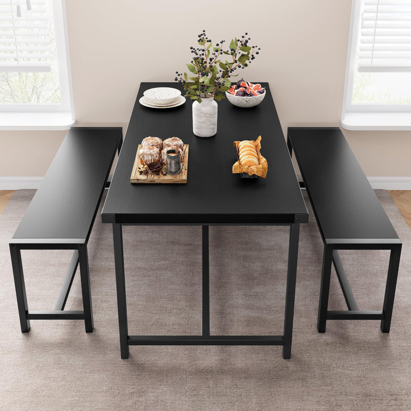 Ensemble de table de salle à manger 3 pièces pour 4, 44,4 "table de cuisine industrielle avec 2 bancs, ensemble de coin-repas en bois pour petit espace, appartement et coin, noir