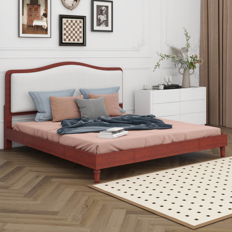 Lit plateforme avec tête de lit tapissier, pieds rétro en bois massif, Très grand, Espresso