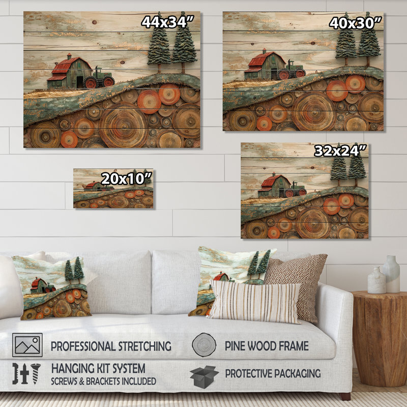 Paysage de grange d'hiver avec tracteur - Décoration murale en bois de ferme - sur bois de pin naturel