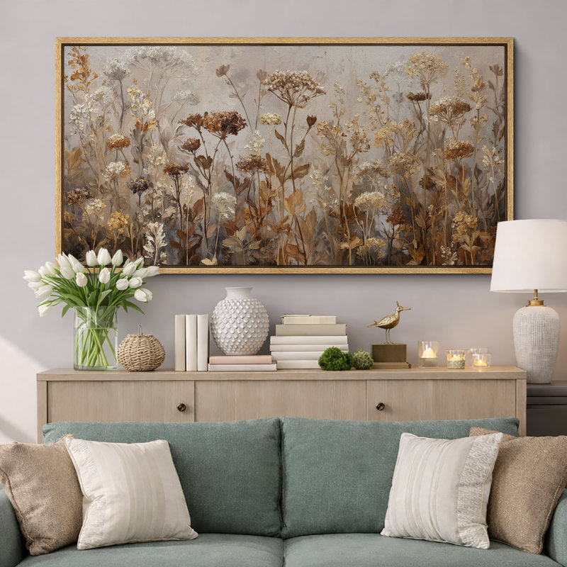 «Neutral Toned Dried Wildflowers Field», reproduction d'art sur toile encadrée, H 30 po x l 60 po x P 1,5 po