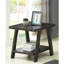 Table basse contemporaine en bois imitation anthracite avec tablette, rangement supplémentaire et pieds à angle large. Un design élégant et un gain d'espace appréciable.