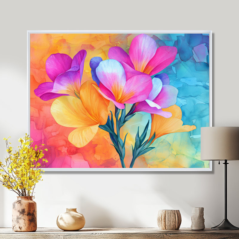 Symphonie lumineuse de fleurs de freesia roses et bleues I - Iris, impression murale, H 24 po x l 32 po, Blanc