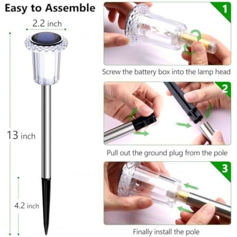 Ensemble de 15 lampes solaires d'extérieur imperméables 3000K blanc chaud en acrylique à tête de lampe à piquets en acier inoxydable pour éclairage de paysage