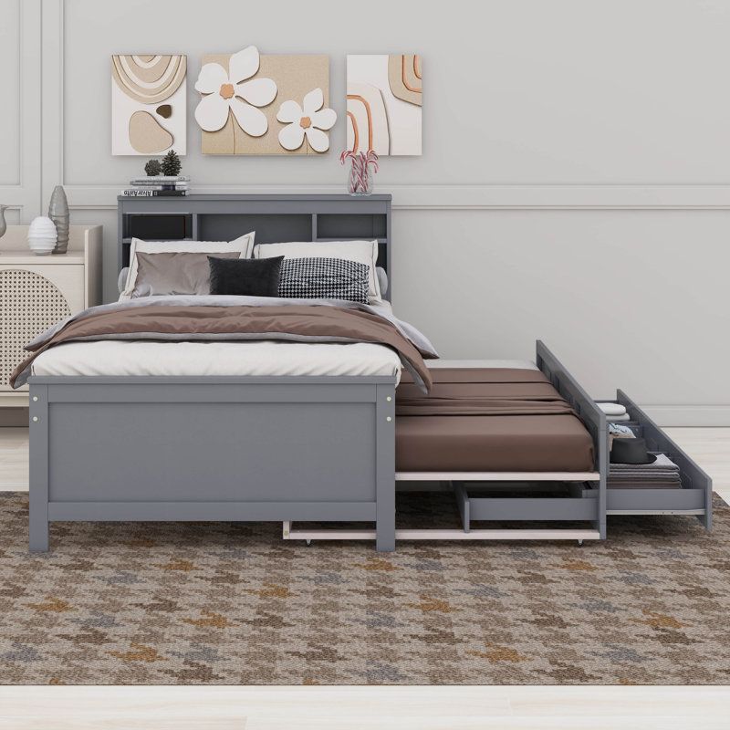 Lit plateforme Nyliah avec tête de rangement, USB, lit gigogne et 3 tiroirs, Simple, gris