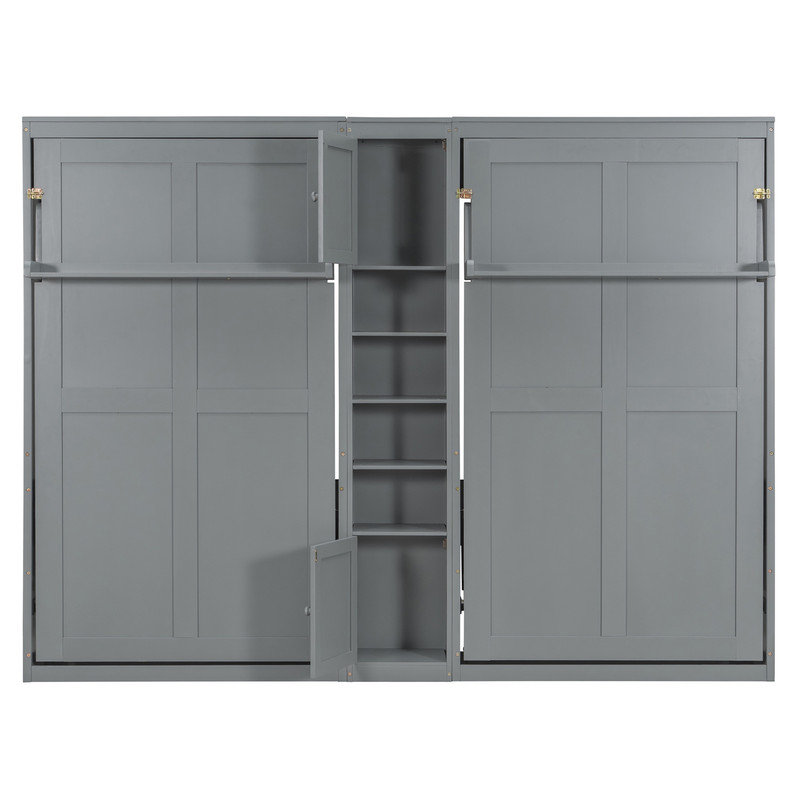 Unité de lit escamotable double simple - Lits muraux convertibles avec rangement central et pieds de tablette?, Gris