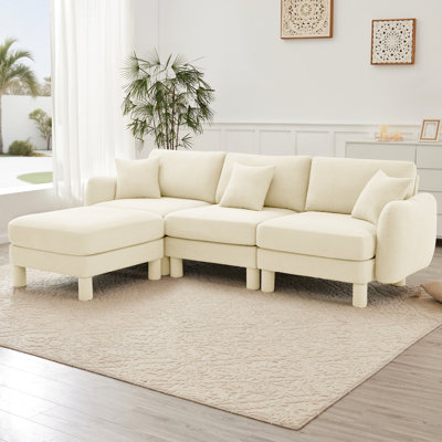 Tissu convertible en forme de L avec 3 pieds cylindriques en forme de coquillage, amovibles et auto-enveloppés, beige, style contemporain pour la détente dans la chambre à coucher, fabrication, rembourrage en mousse de siège confortable