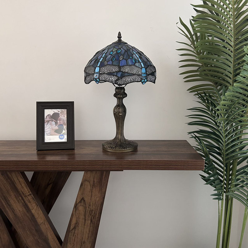 Varley Tiffany Table Lamp Blue Stained Glass Dragonfly LED Bulb Included 12"W*12"D*19"H