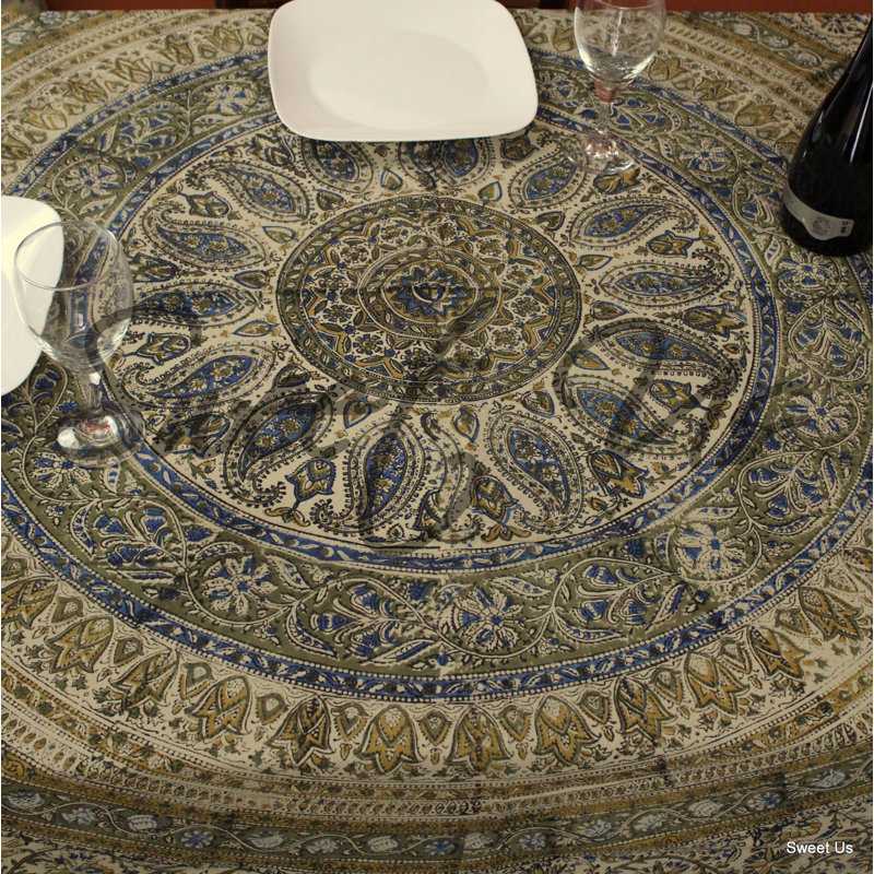 Kalamkari Cotton Paisley Floral Block Print Tablecloth Rectangle 72 X 106 In Blue Green, Blue Green, 88" W x 106" L