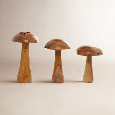 Woodrow 3 Piece Brown Teak Wood Handmade Live Edge Mushroom Sculpture with Natural Smooth Finish Set