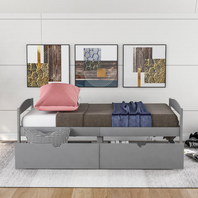 Twin Size Platform Bed, With Two Drawers, Gray, Gray