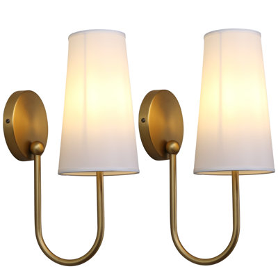Brass White Fabric Shade Wall Sconce Set Of 2