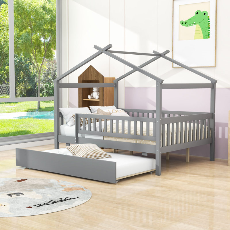 Full Size Wooden House Bed With Twin Trundle, Grey