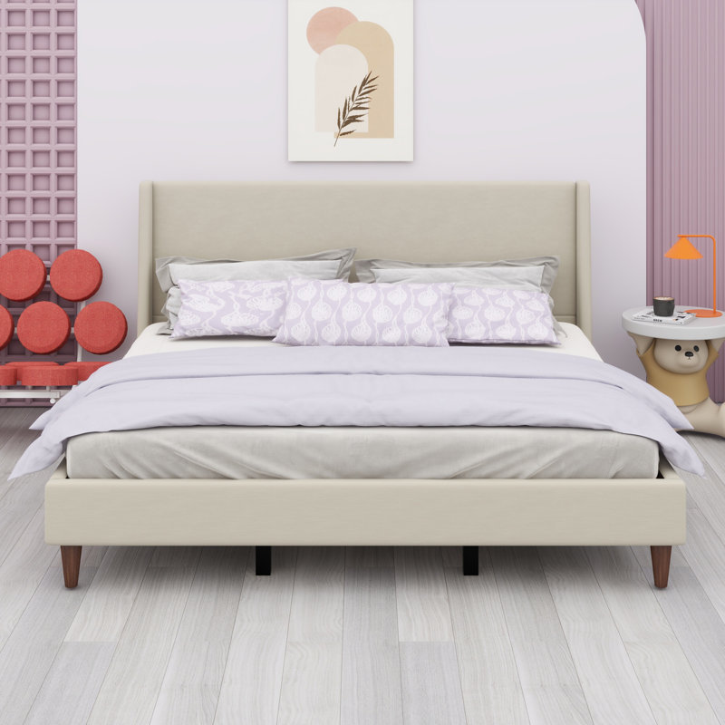 Lit plateforme tapissier avec tête de lit à oreilles et pieds en bois, Beige, Très grand
