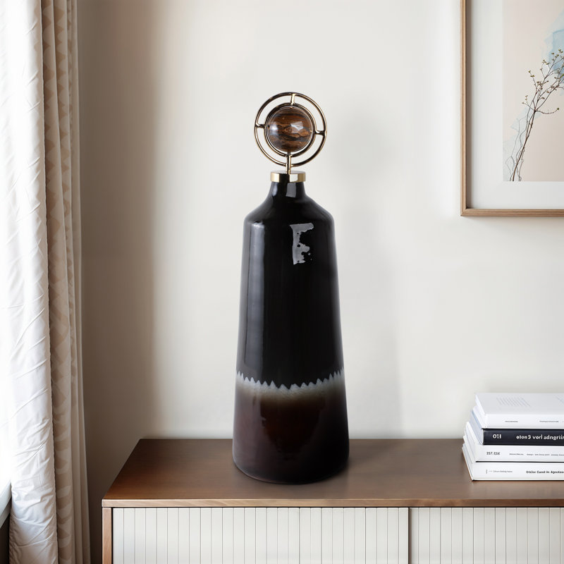 Tall Tapered Bottle Shape Glass Table Vase with Sculptural Metal Topper Home Decor - Decorative Flower Vase Accent for Entryway Display - Brown & Black