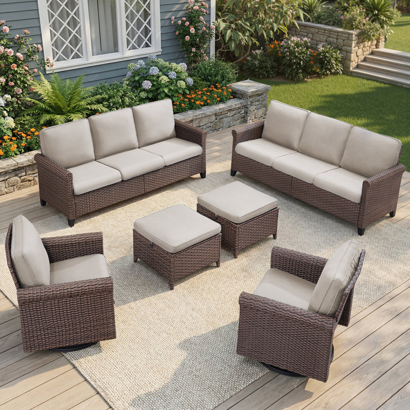 6-Piece Outdoor Patio Wicker Family Conversation Set with Swivel Chairs and Ottomans, Beige