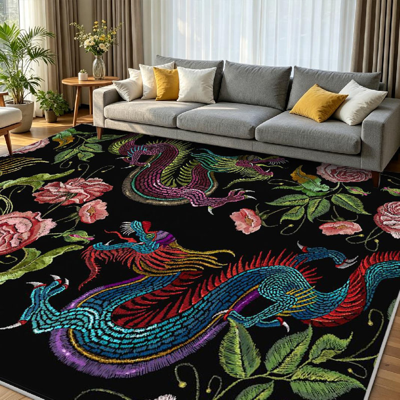 Tapis asiatique transparent lavable à la machine, dragons chinois et fleurs, Rectangle 79 po x 118 po