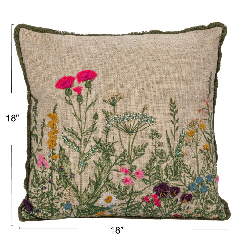 Multicolor Cotton Slub Embroidered Square Pillow