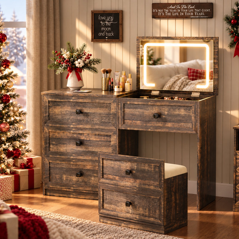 Modern Vanity Dresser With Led Mirror And Wireless Charging, Brown