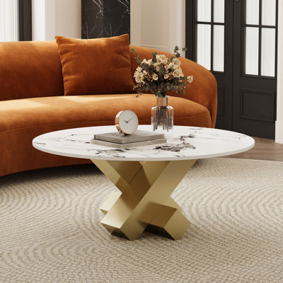 Round Faux Marble Coffee Table with Geometric Gold X-Base, Glam Accent for Eclectic & Contemporary Spaces