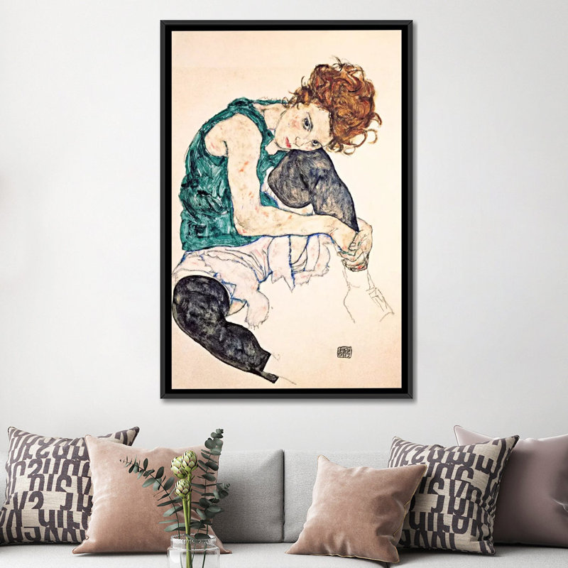 Reproduction d’art sur toile tendue, "femme assise avec coude courbé ii" Egon Schiele, Toile avec cadre noir, Pas de tapis