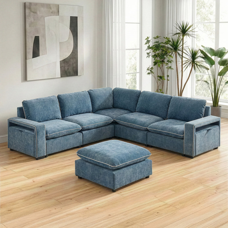 Canapé modulaire en chenille bleu 102,36 po l 6 pièces avec bras de rangement, Bleu
