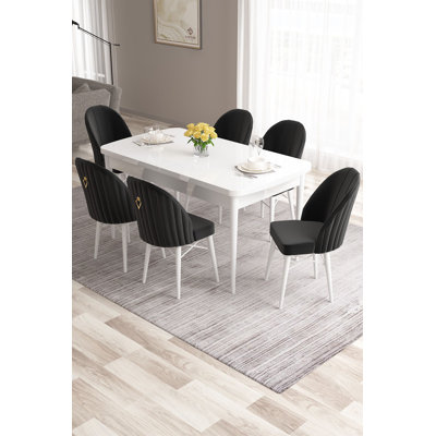Ensemble de table et chaises de salle à manger extensible Modern 7 pièces, blanc et noir, 51,2 x 31,5 x 30,7 pouces | 100% panneau de fibres à densité moyenne avec pieds en bois, structure de chaise en métal, tissu Babyface | Sièges confortables avec mousse 22/28, idéal pour les réunions de famille